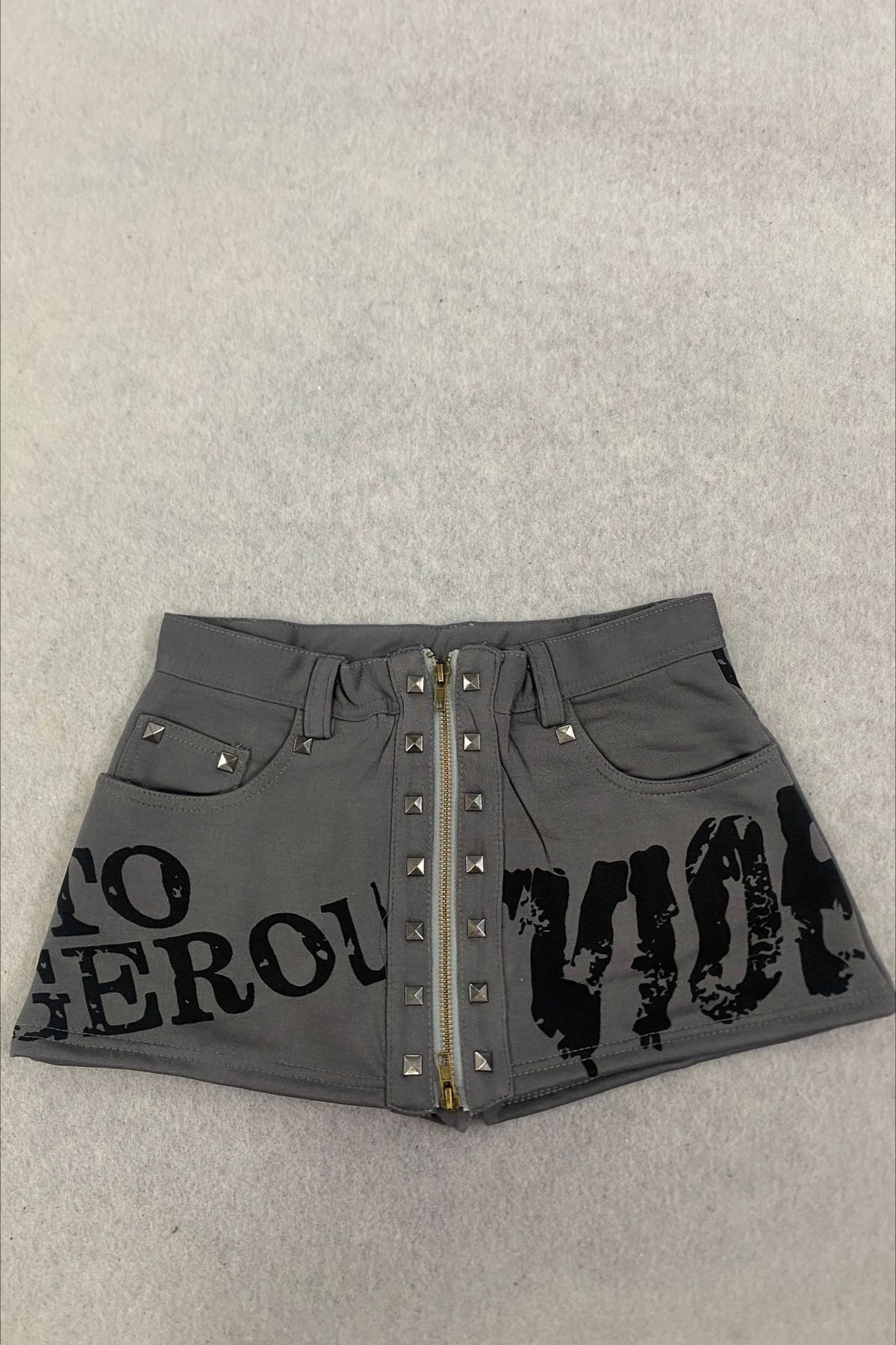 Gray Letter Print Studded Shorts