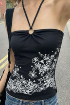 Floral Print Ring Halter Tank Top