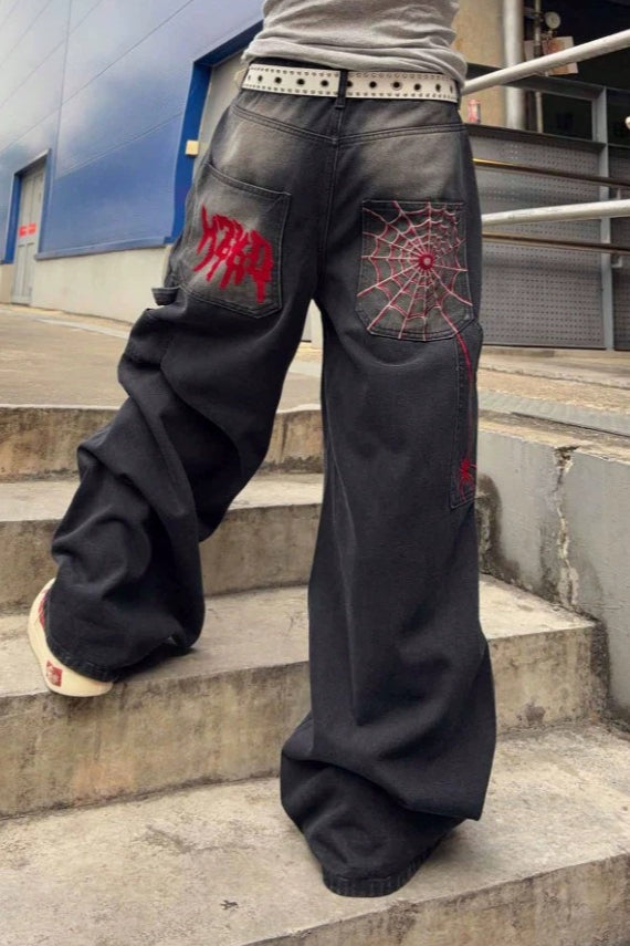 Spiderweb Graphic Washed Wide Leg Jeans