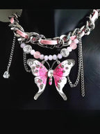 Chain Rhinestone Pink Butterfly Choker Necklace