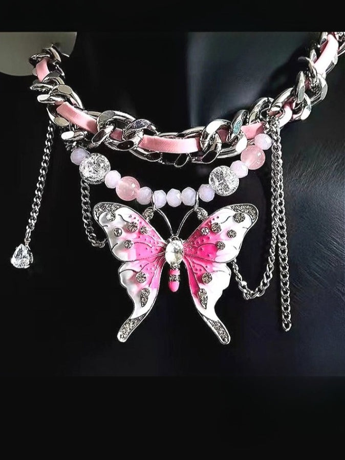 Chain Rhinestone Pink Butterfly Choker Necklace
