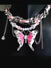 Chain Rhinestone Pink Butterfly Choker Necklace