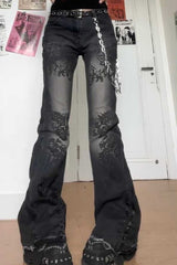 Y2K Alt-Culture Washed Print Bootcut Slim Denim Pants