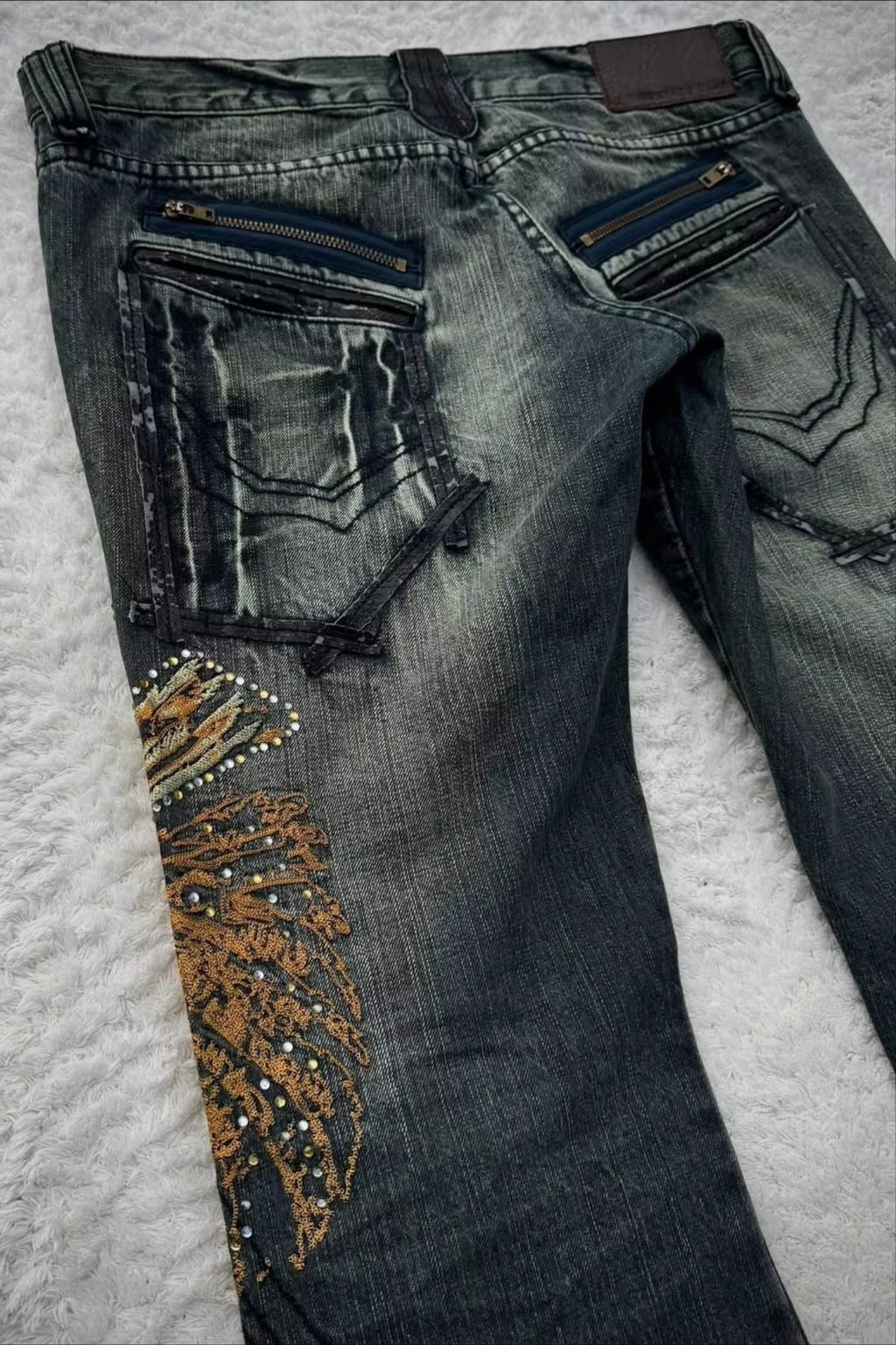 Embroidered Wing Washed Flare Jeans