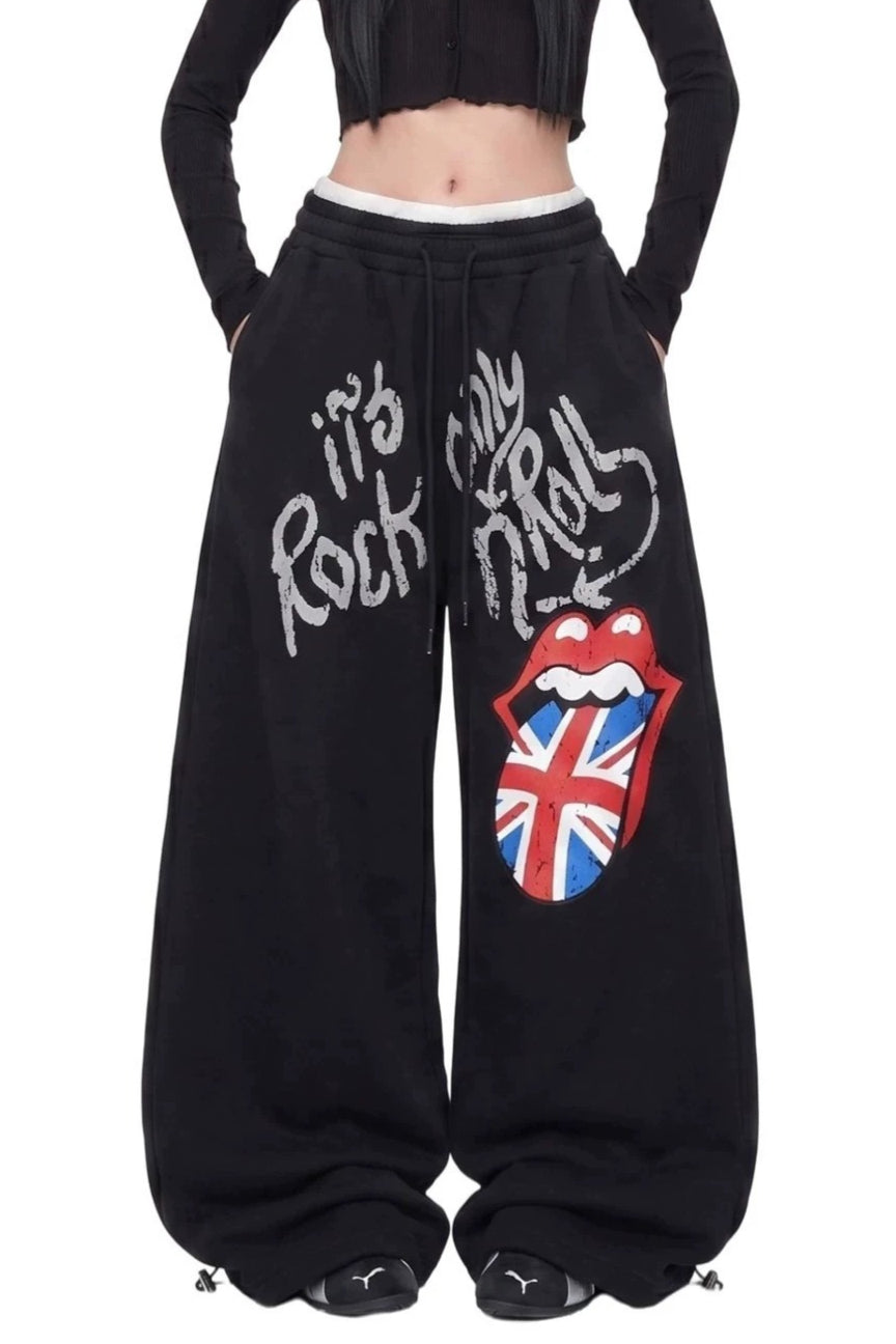 Graphic Tongue Print Baggy Pants
