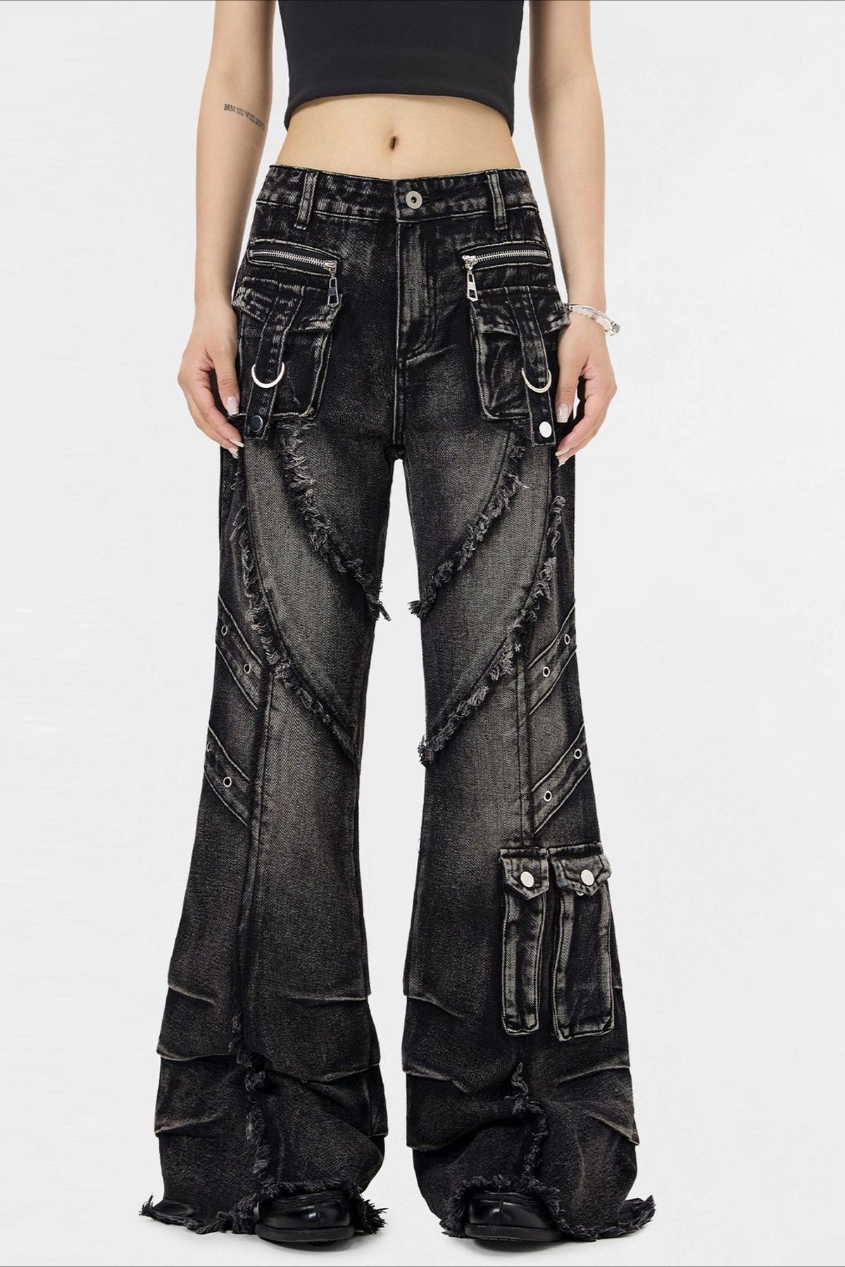 Buckle Pocket Washed Wide Leg Jeans