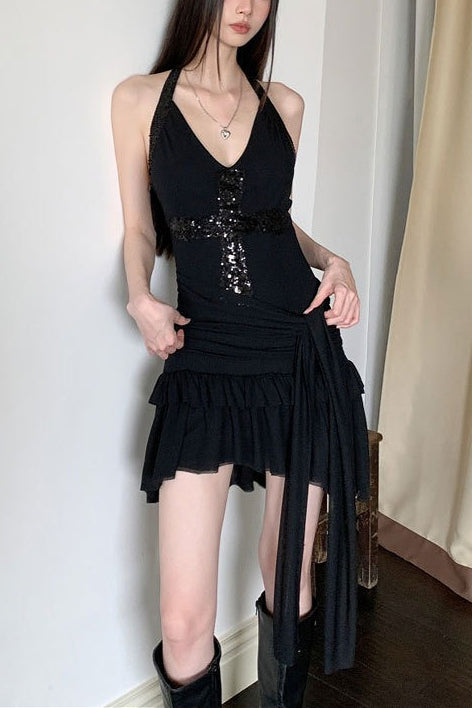 Black Sequin Cross Halter V-neck Mini Dress Secondary image