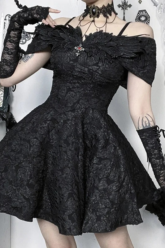 Dark Gothic Feather-decorated Off-the-shoulder Vintage A-line Mini Dress Secondary image
