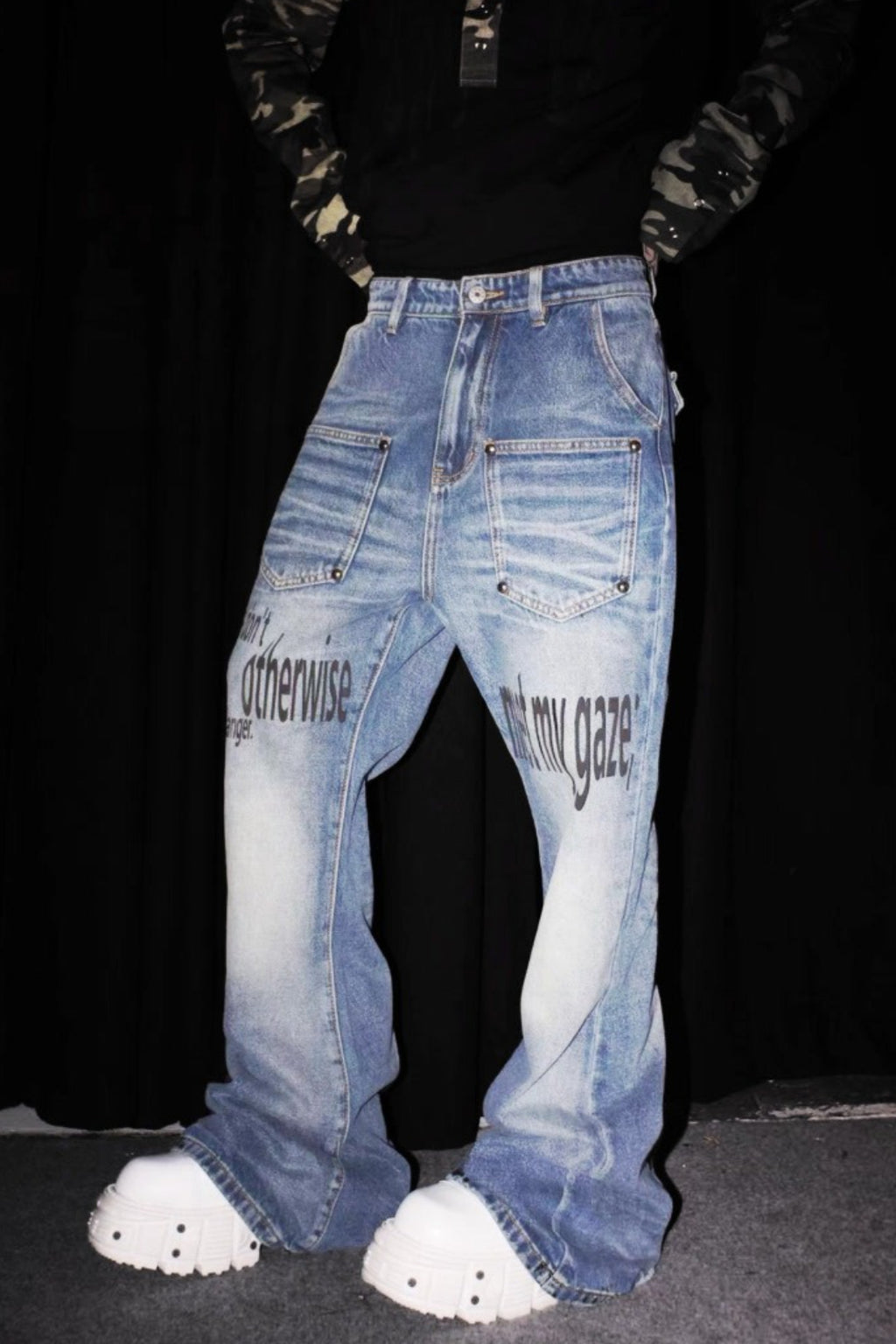 Slogan Print Studded Flare Jeans