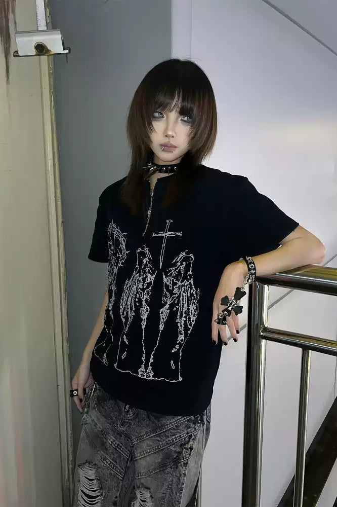 Black Silk Half-Zip Vintage Alt-Girl T-shirt Secondary image