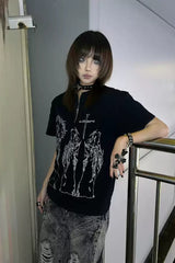 Black Silk Half-Zip Vintage Alt-Girl T-shirt