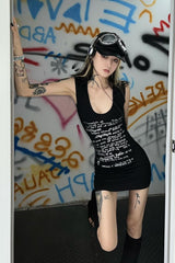 Slim Sleeveless Letter Print Punk Mini Dress