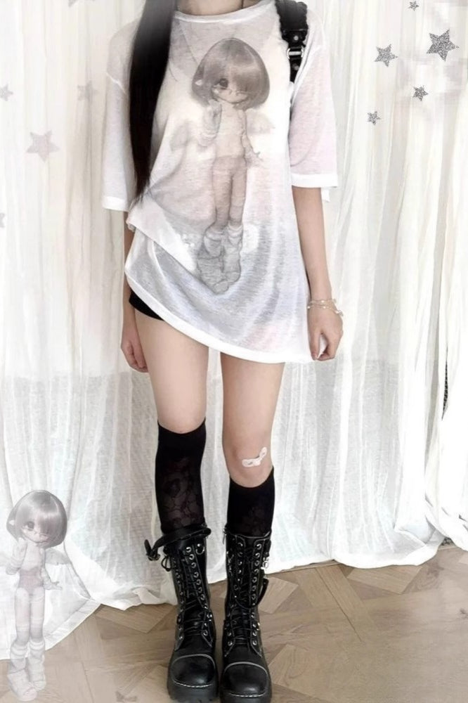 Vintage Angel Print Loose Sunscreen T-shirt