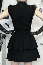 Dark Alt Gothic Sleeveless Lace Patchwork Slim Waisted Mini Dress
