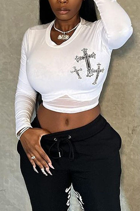 Cross Graphic Sheer Mesh Crop Top Secondary image