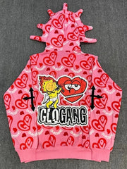 Streetwear Rhinestone Cartoon Print Zip Hoodie