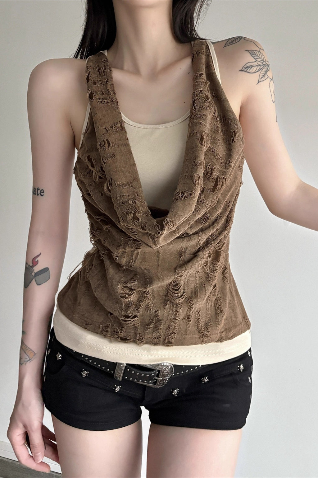 Distressed Wasteland Draped Neck Halter Top