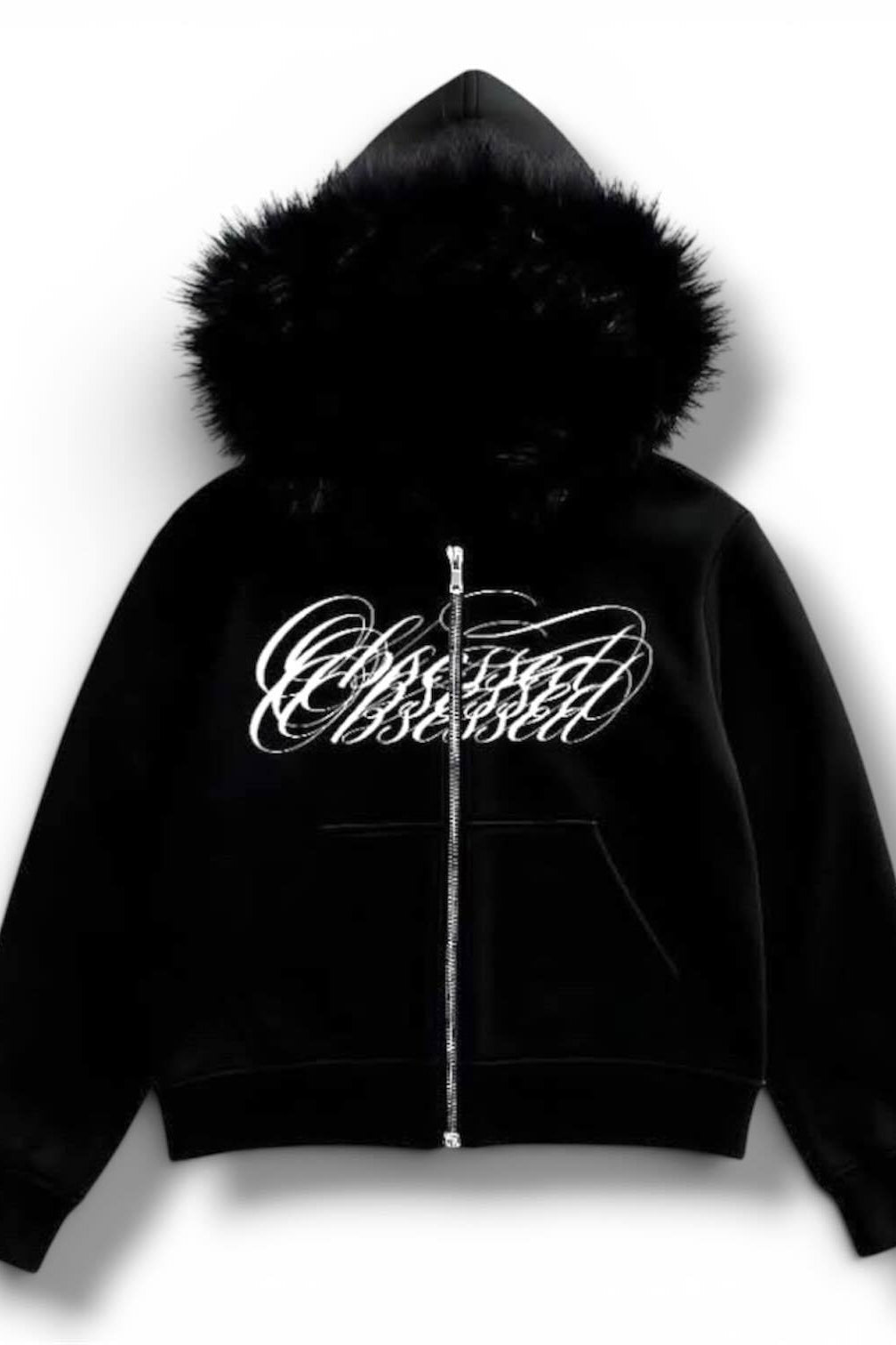 Gothic Script Black Fur Trim Zip Hoodie Main image