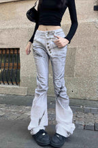 Distressed Dyed Curved Buttoned Denim Pants