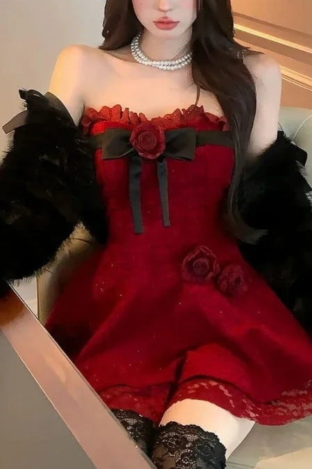Plush Coat Rose Bow Gothic Y2K Lolita Mini Dress Secondary image