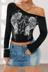 Y2K Gothic Wing V-Neck Long Sleeve T-Shirt
