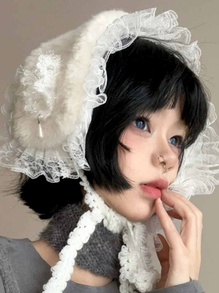 Y2K Japanese Lace Edge Warm Ear Protection Winter Hat Secondary image