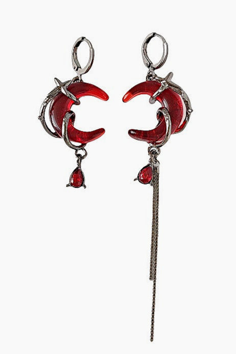 Red Zircon Crescent Tassel Earrings