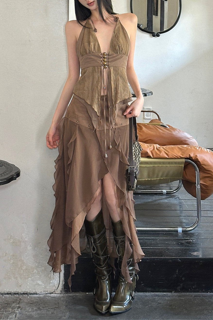 Wasteland Style Beaded Strap Halter Ruffled Skirt Sets