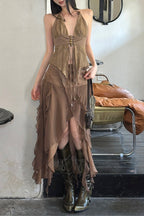 Wasteland Style Beaded Strap Halter Ruffled Skirt Sets