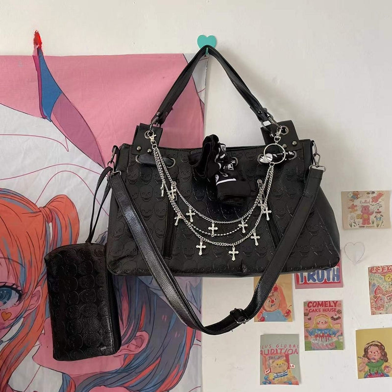 Y2K Gothic Skulls Printing Leather Large Capacity Punk Cross Chain Bag Black Halloween