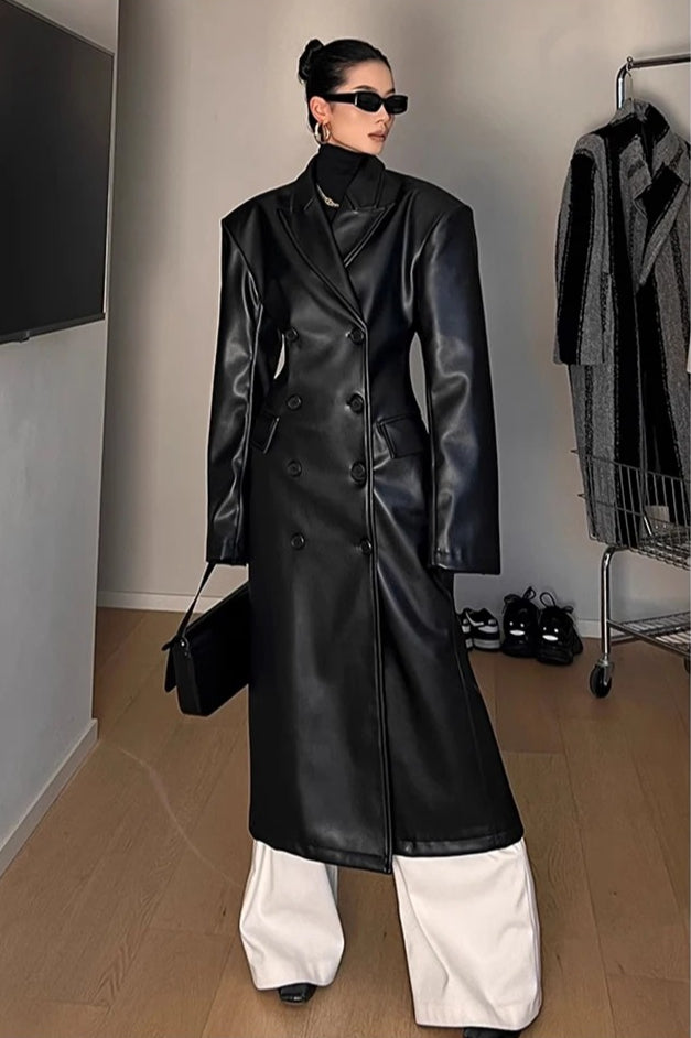 Fitted Shoulder Pad Leather Long Coat Secondary image