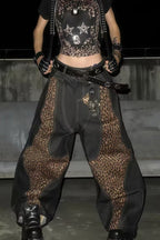 Leopard Mesh Panel Barrel Jeans