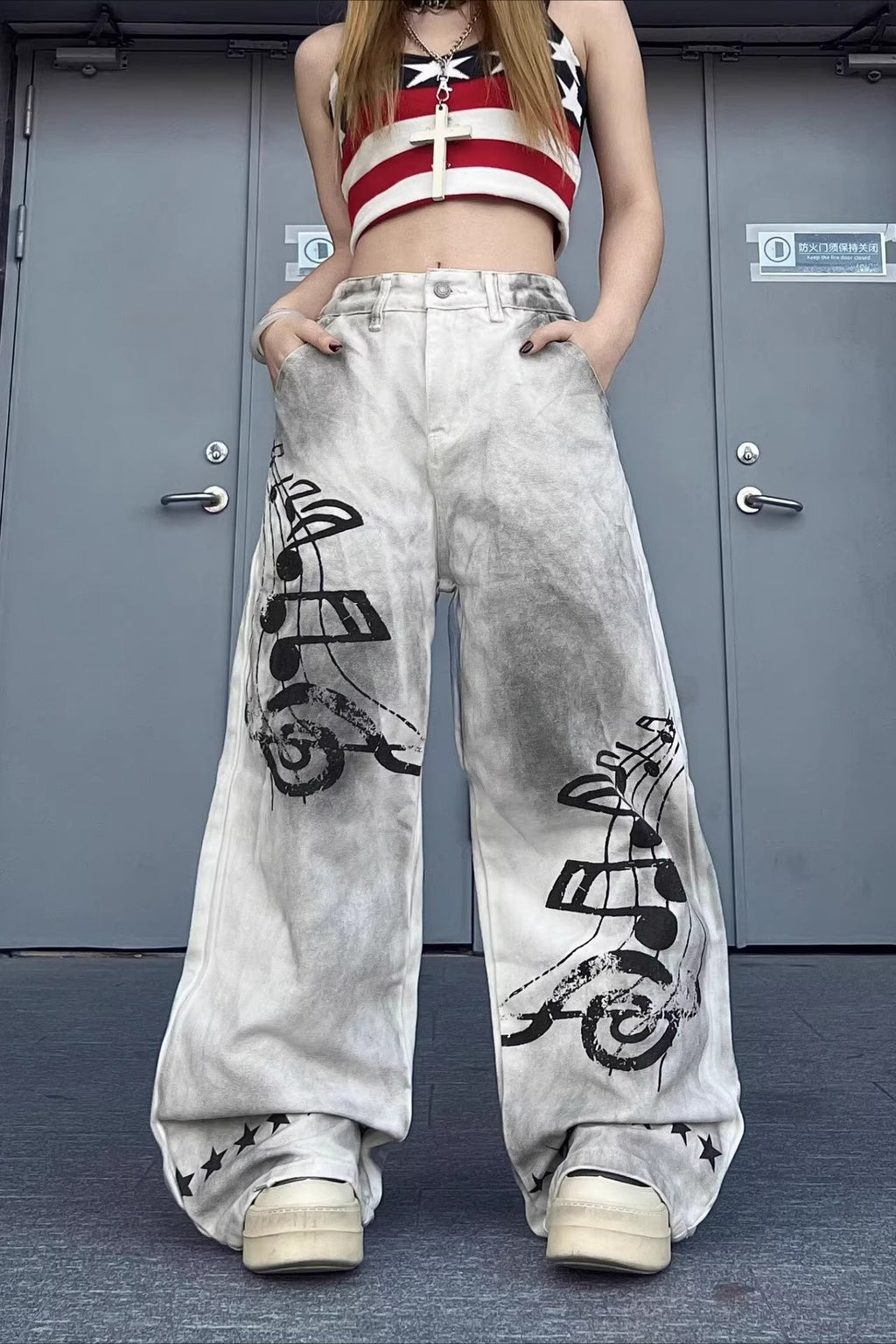 Music Note Print Wide-Leg Jeans