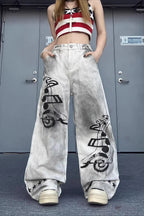 Music Note Print Wide-Leg Jeans