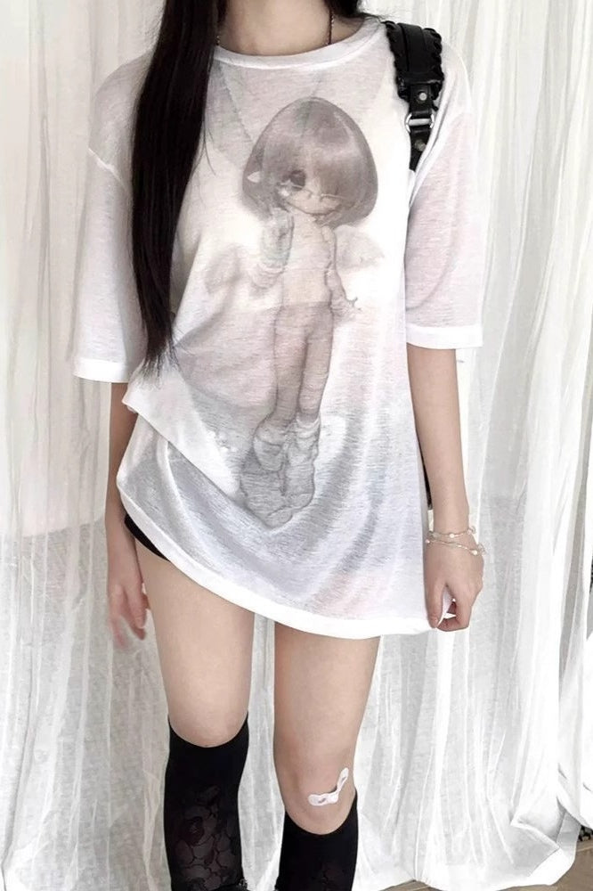 Vintage Angel Print Loose Sunscreen T-shirt Main image