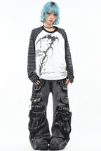 Graphic Striped Sleeve Long Sleeve Top