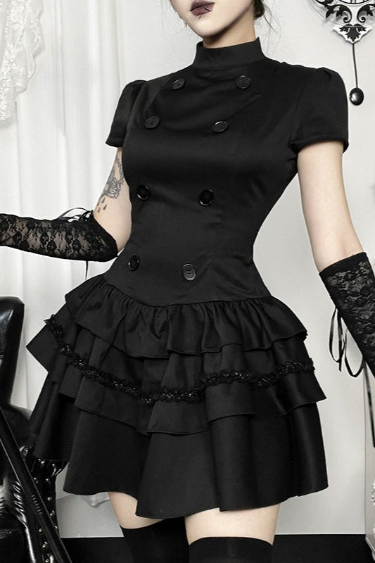 Black Gothic Button Front Layered Mini Dress