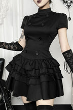 Black Gothic Button Front Layered Mini Dress