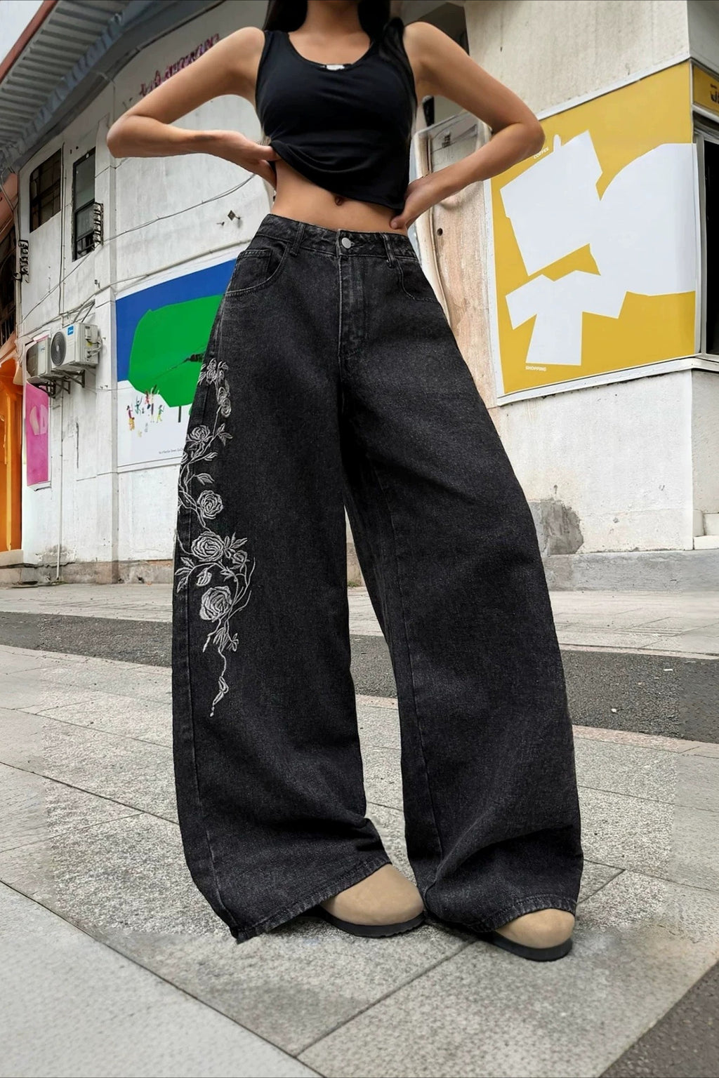 Floral Vine Embroidered Wide Leg Jeans