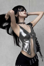 Cyber Liquid Metal Silver V Neck Buckle Cami Crop Top