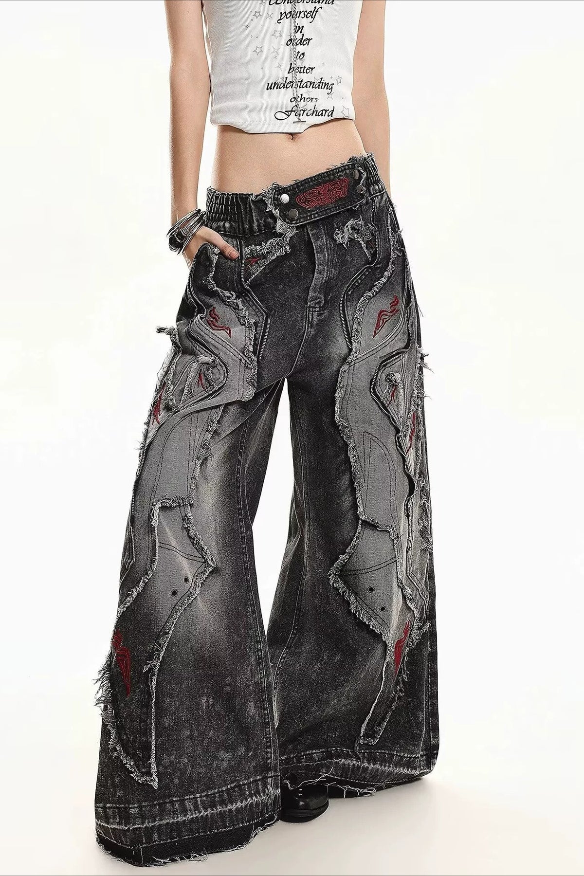 Curved Seam Washed Denim Pants