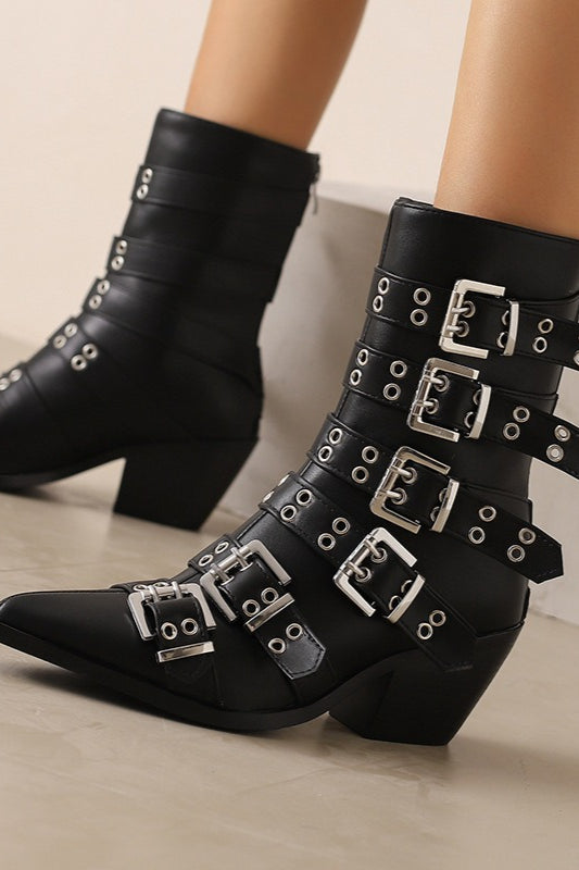 Pointed Buckle Western Ankle Boots