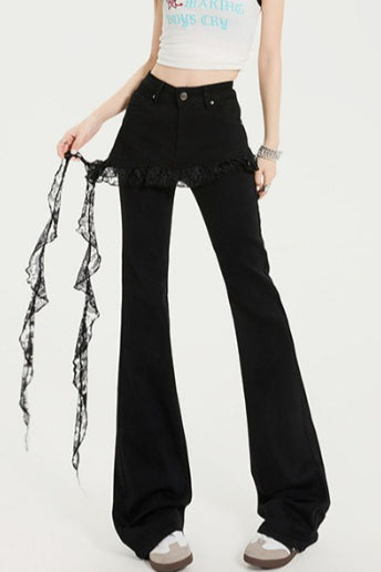 Lace Trim Layered Denim Pants