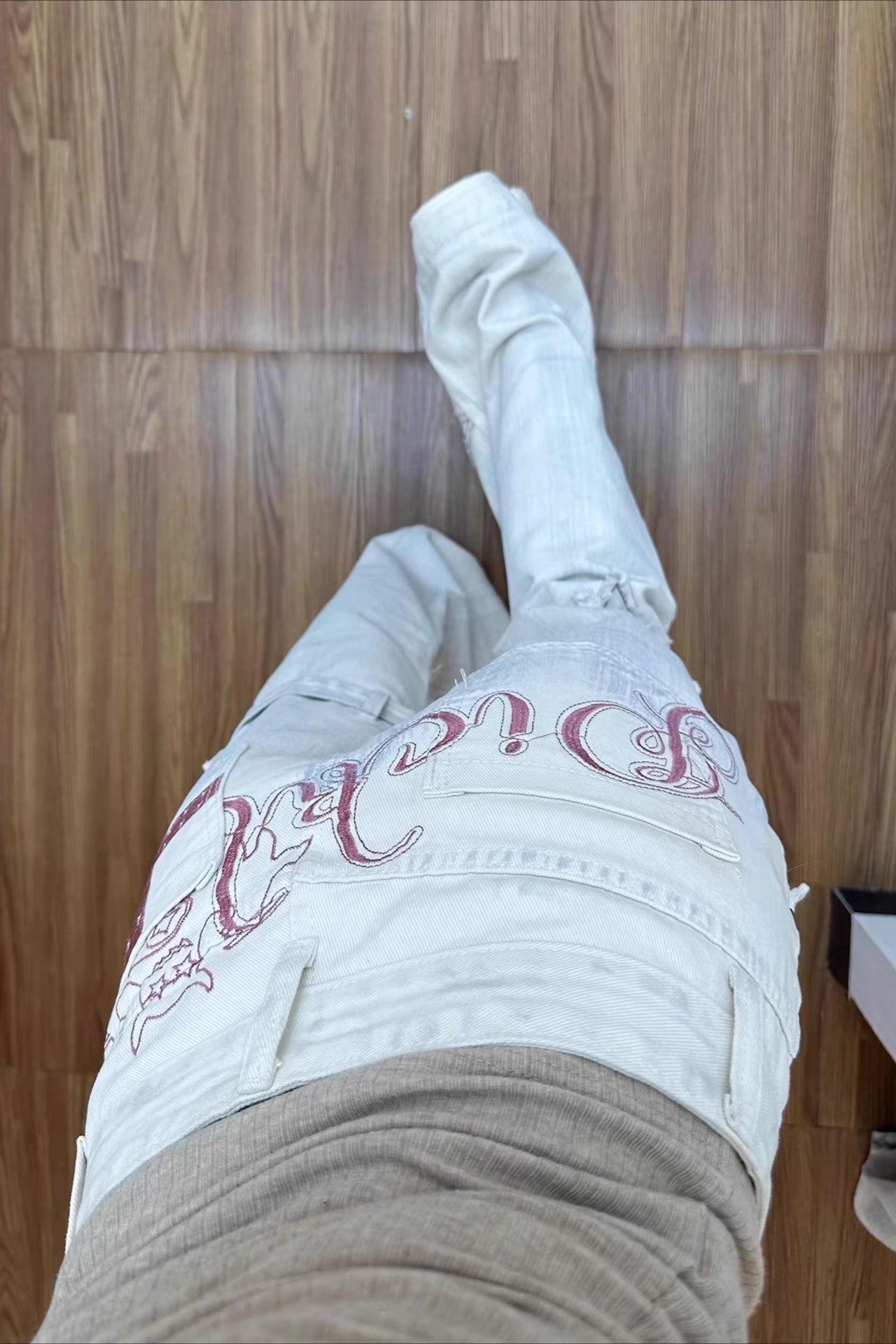 Retro Cross & Letter Embroidery Flare Jeans Pants Secondary image