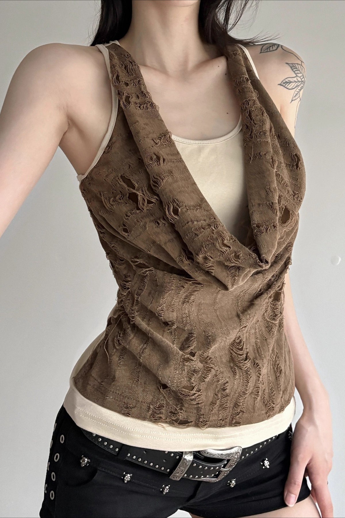 Distressed Wasteland Draped Neck Halter Top