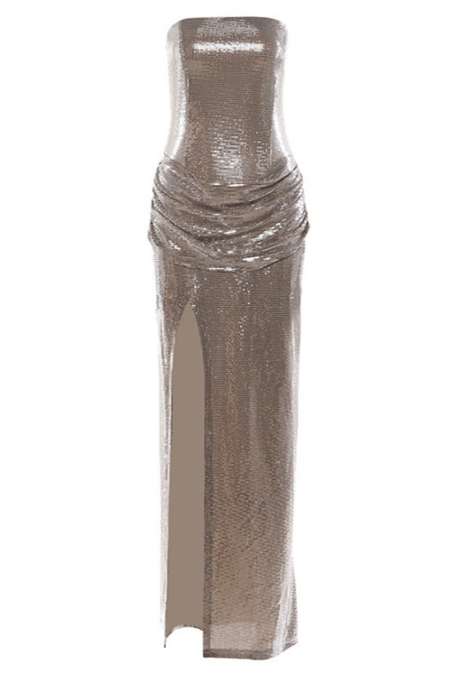 Strapless Sequin Draped Maxi Dress