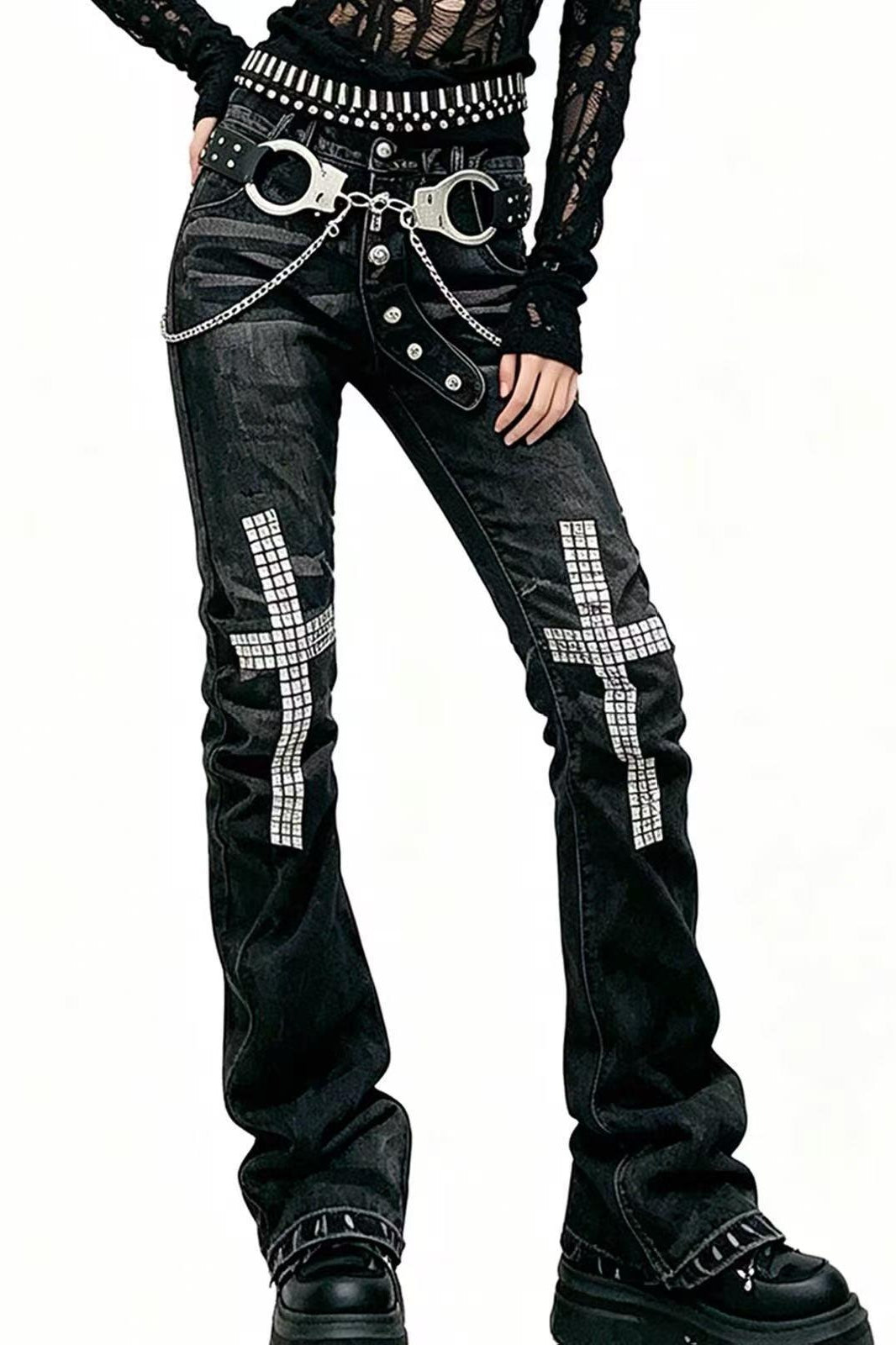Double Waist Studded Denim Pants Main image