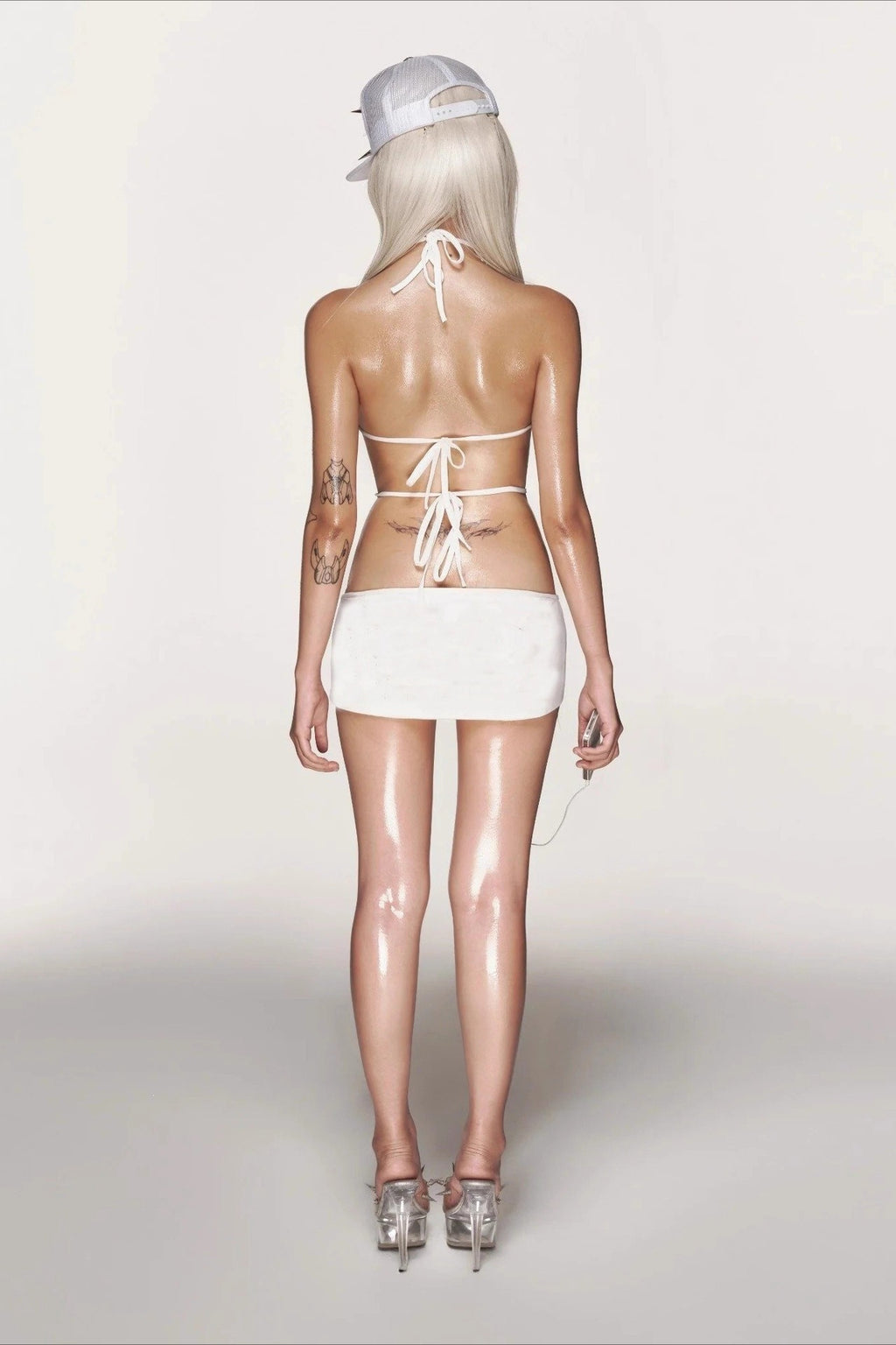 White Rhinestone Cutout Halter Mini Dress