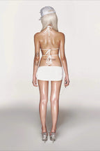 White Rhinestone Cutout Halter Mini Dress