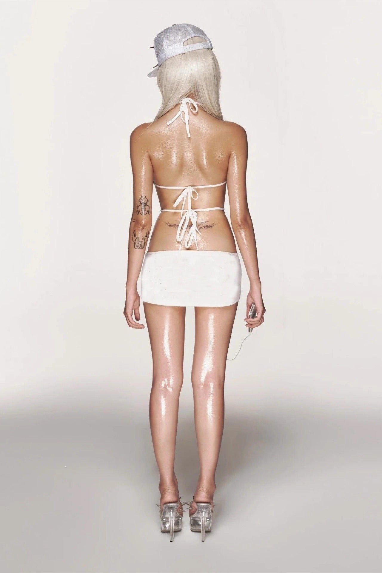 White Rhinestone Cutout Halter Mini Dress